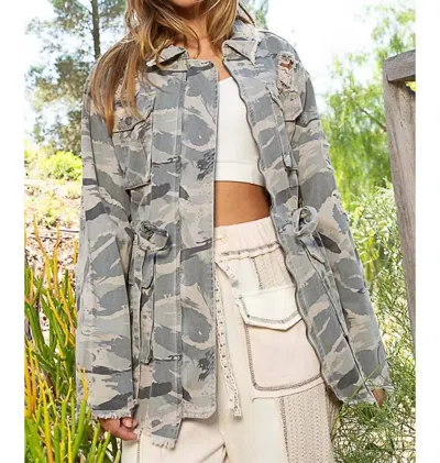 Pol Distressed Relaxed Fit Jacket In Camo In Gray
