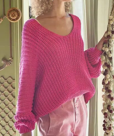 Pol Dolman Long Sleeve Ribbed Sweater In Magenta In White