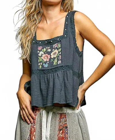 Pol Double Gauze Floral Shirring Square Neck Sleeveless Top In Ink Navy In Blue