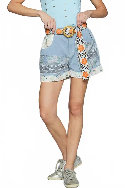 Pol Elastic Waistband Patchworks Shorts In Blue Multi