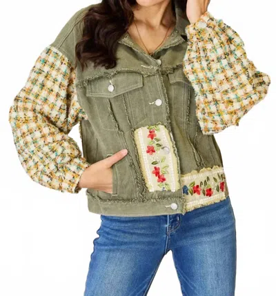 Pol Embroidered Button Down Raw Hem Shacket In Olive