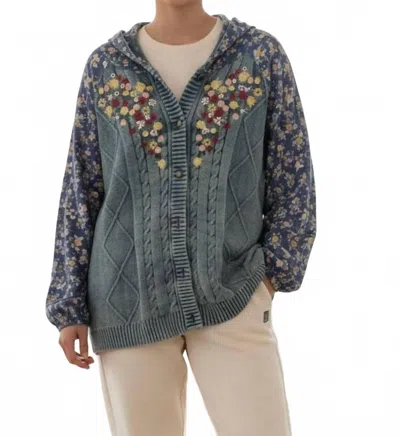 Pol Embroidered Cable Knit Floral Hoodie Cardigan In Blue Grey In Gray