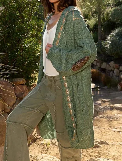 Pol Embroidered Tape Open Front Hooded Cardigan In Mugwort In Multi