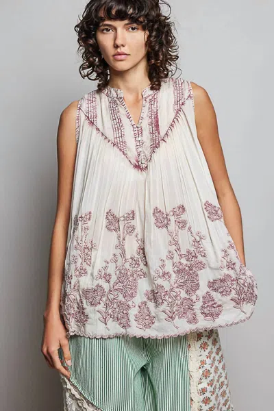 Pol Embroidered V Neck Sleeveless Elastic Loop Shirring Top In Blush In Purple