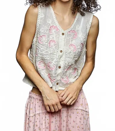 Pol Fernanda Boho Prairie Lillies Embroidery Button Down Vest Top In Natural Pink In Neutral