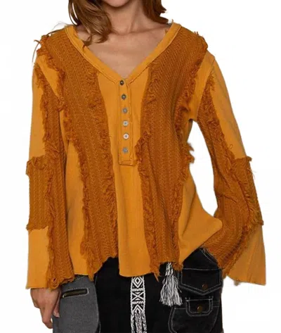 Pol Flare Sleeve Contrast Panels V-neck Knit Top In Mustard In Orange