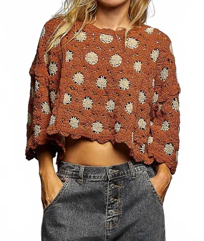 Pol Floral Crochet Top In Brown