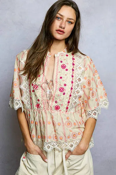 Pol Floral Embroidered Lace Trim Print Light Blouse Top In Natural Multi In Pink