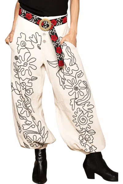 Pol Floral Embroidered Pattern Solid Twill Pants In Oat Milk In Neutral