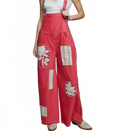 Pol Floral Lace Patchwork Overalls In Red