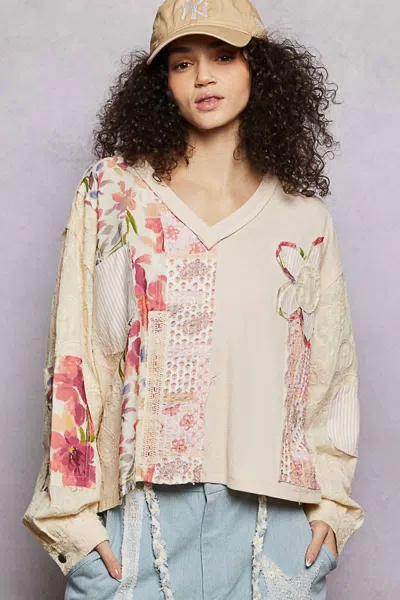 Pol Floral Patch Embroidery Thermal Balloon Sleeve Top In Almond In Neutral