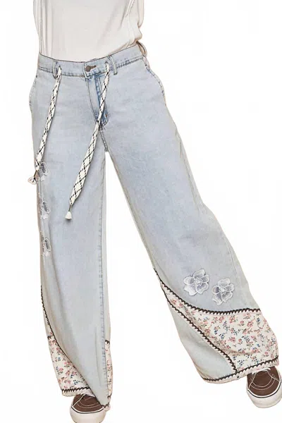 Pol Floral Patches Embroidery Elastic Band Casual Pant In Denim In Multi