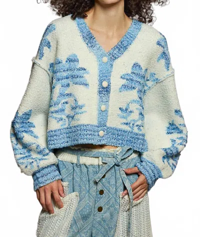 Pol Floral Pattern V Neck Balloon Sleeve Berber Cropped Cardigan In Blue
