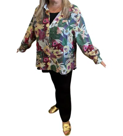 Pol Floral Print Button Down Collared Shirt In Green Multi