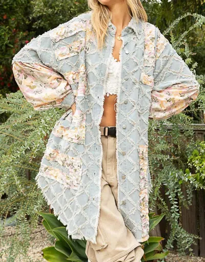 Pol Floral Print Frayed Texture Denim Shacket In Light Blue