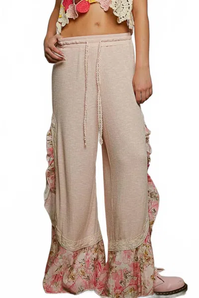 Pol Floral Ruffle Ribbed Pants In Pink In Neutral