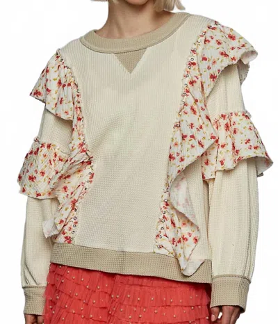 Pol Floral Ruffle Round Neck Thermal Knit Top In Cream In Neutral