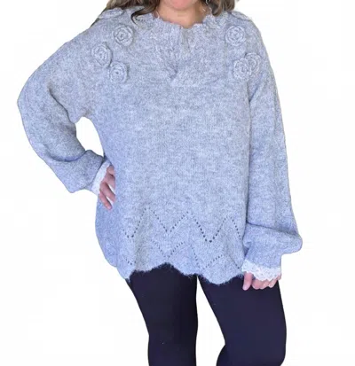 Pol Floral Trim Sweater With Scallops And Lace Trim In Heather Grey In Blue