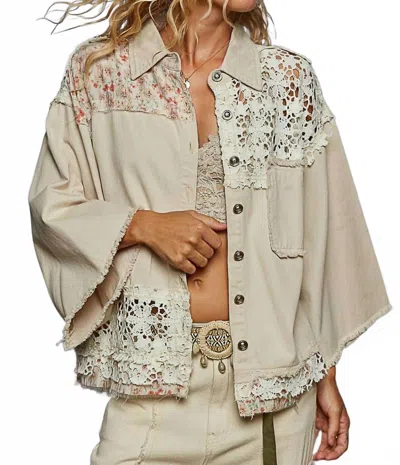 Pol Floral Woven Print And Lace Contrast Shacket In Almond Milk In Multi