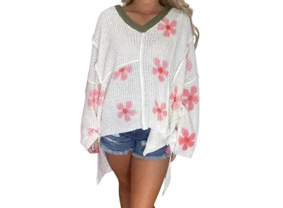 Pol Flower Hooded Oversized Sweater In Ivory/pink In White