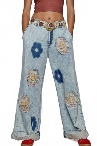 Pol Flower Patched Wide Leg Denim Pants In Blue