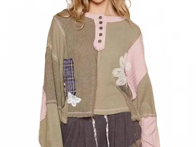 Pol Flower Patchwork Top In Olive/pink In Green