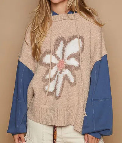 Pol Flower Pattern Hooded Top In Wheat/navy In Multi