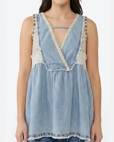 Pol Flowy Stud Denim Tank In Blue In Multi