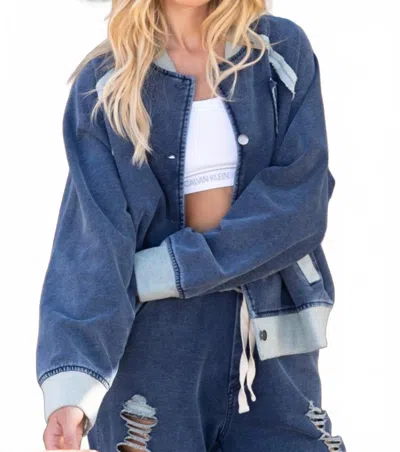 Pol French Terry Baseball Jacket In Indigo In Blue
