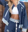 Pol French Terry Baseball Jacket In Indigo In Multi