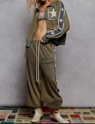 Pol French Terry Star And Striped Jacket And Jogger Set In Washed Green In Multi