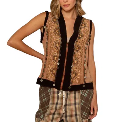 Pol Freya Fleece Trim Embroidered Zipper Vest Jacket In Burnt Topaz In Multi