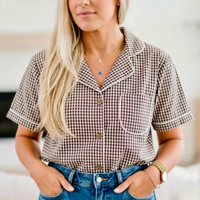 Pol Gingham Check Retro Inspired Button Up Top In Brown And White In Multi