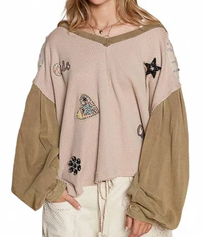 Pol Glam Patches Contrast Long Sleeves Knit Top In Beige Multi In Brown