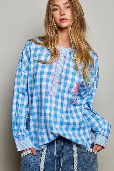 Pol Graphic Palm Tree Embroidery Paid Blouse Top In Blue