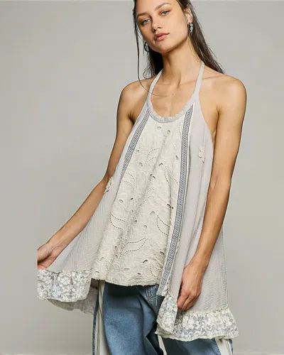 Pol Halter Double Gauze Lace Top In White/ Grey In Multi