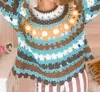 Pol Hand Knit Crochet Stripe Sweater In Teal/brown/yellow In Multi
