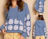POL HAND KNIT SQUARE PATCH SLEEVES HOODED SWEATER IN CORNFLOWER BLUE
