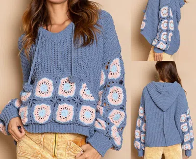 Pol Hand Knit Square Patch Sleeves Hooded Sweater In Cornflower Blue