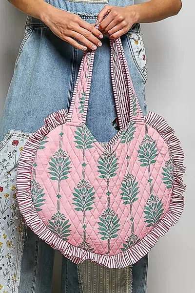 Pol Heart Shaped Ruffle Edge Quilted Tote Bag In Pink Multi