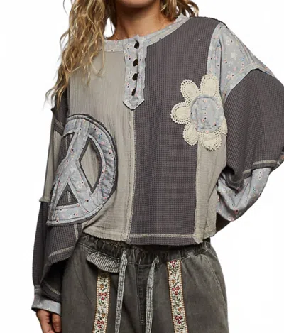 Pol Henley Button Neckline Oversized Flower And Peace Patchwork Top In Stone Charcoal In Multi
