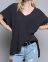 Pol High-low Short Sleeve Chenille Sweater In Charcoal In Black