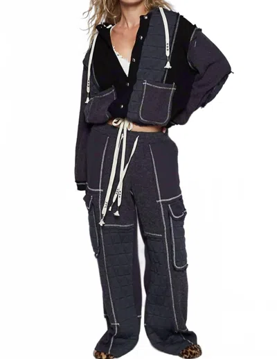 Pol Hooded Button Down Combo Shacket In Charcoal/black In Gray