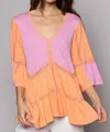 Pol Jada Bell Sleeve Top In Pink/orange In Multi
