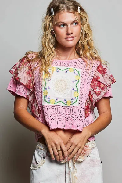 Pol Jessica Pointelle Knit Swing Patchwork Sweater Top In Pink