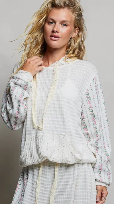 Pol Kangaroo Pocket Mixed Knit Contrast Sleeve Hooded Pullover In Ivory Multi In White