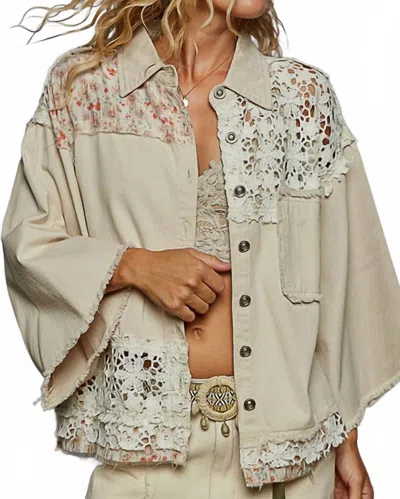 Pol Kimberly Lace Patched Shacket In Almond In White