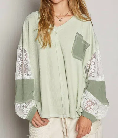 Pol Lace Contrast Top In Sage Green