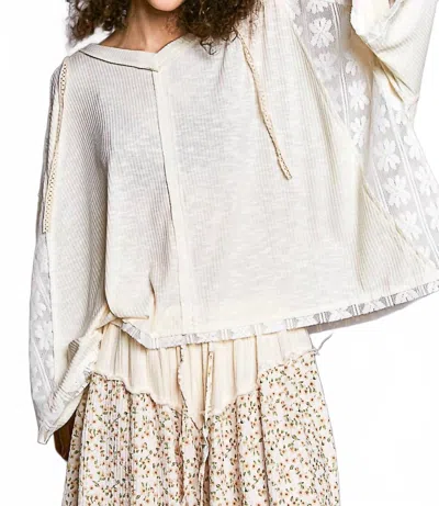 Pol Lace Inset Oversized Ribbed Hoodie Top In Cream In White