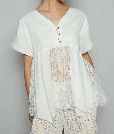 Pol Lace Panel V Neck Top In Cream In White